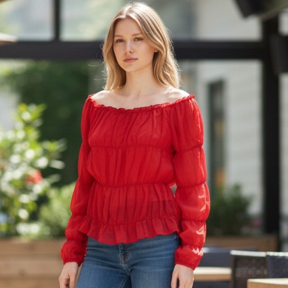 Red Ruched Sheer Chiffon Peasant Top Romantic Fairycore Coquette Feminine Large
